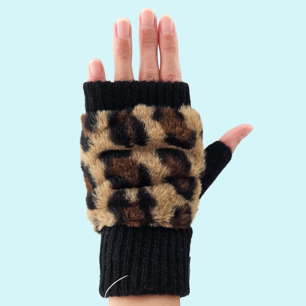 Adrienne Landau Gloves Fingerless Black Leopard Wool Blend Faux Fur Cottagecore